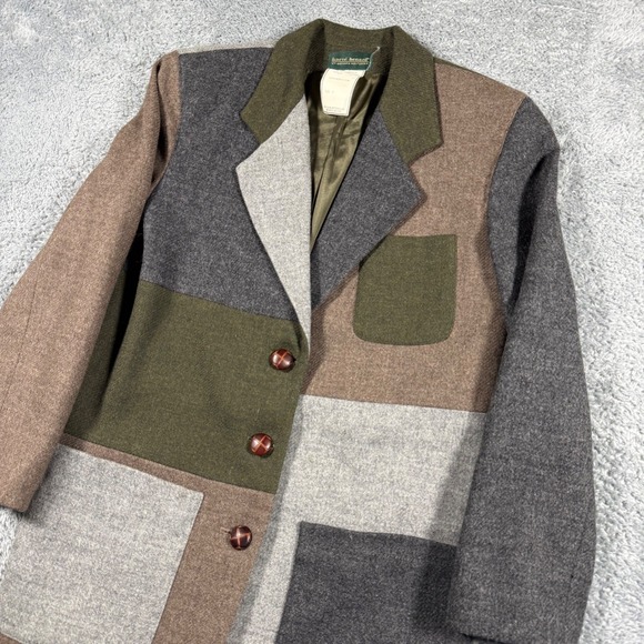 Vintage 90s Wool Patchwork Colorblock Blazer Jacket Women Size 4 Leather Buttons - Picture 2 of 10